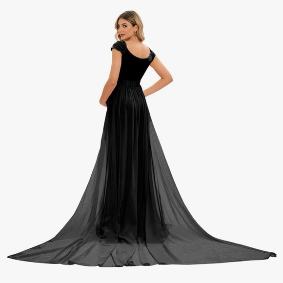 Black Maternity Fitted Gown with Long Chiffon Removable Train - Picture 2 of 6